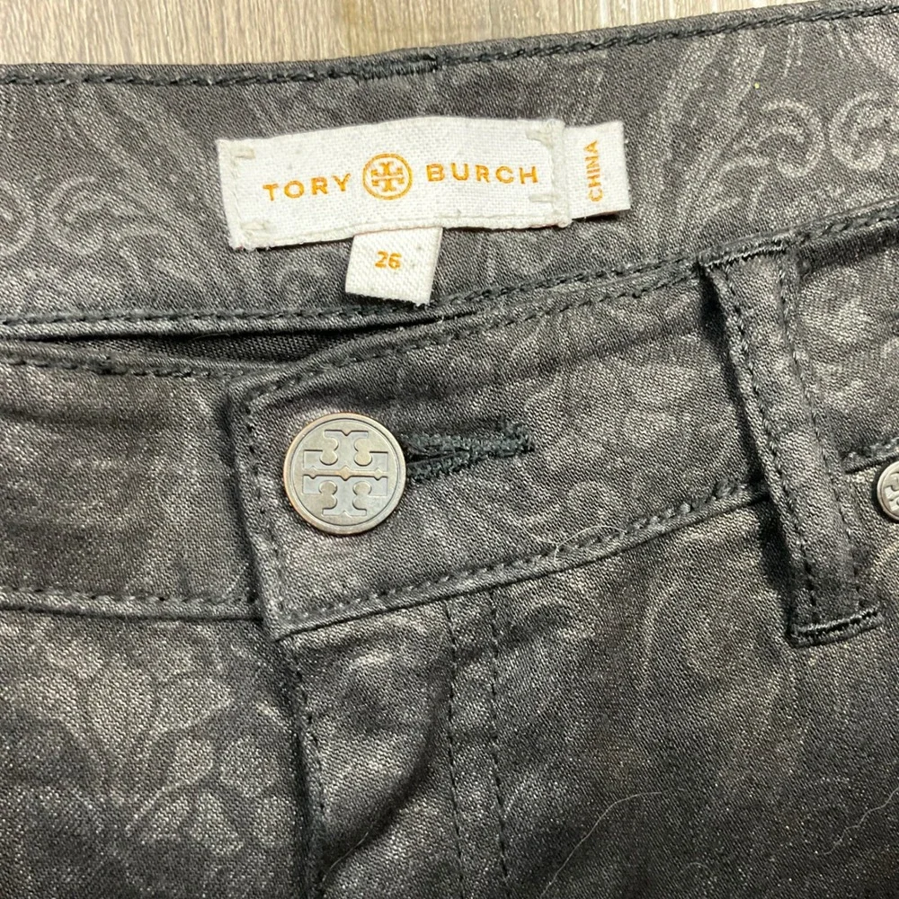Tory Burch Baroque Jacquard Skinny Stretch Pants Womens 26 Black Designer Classy